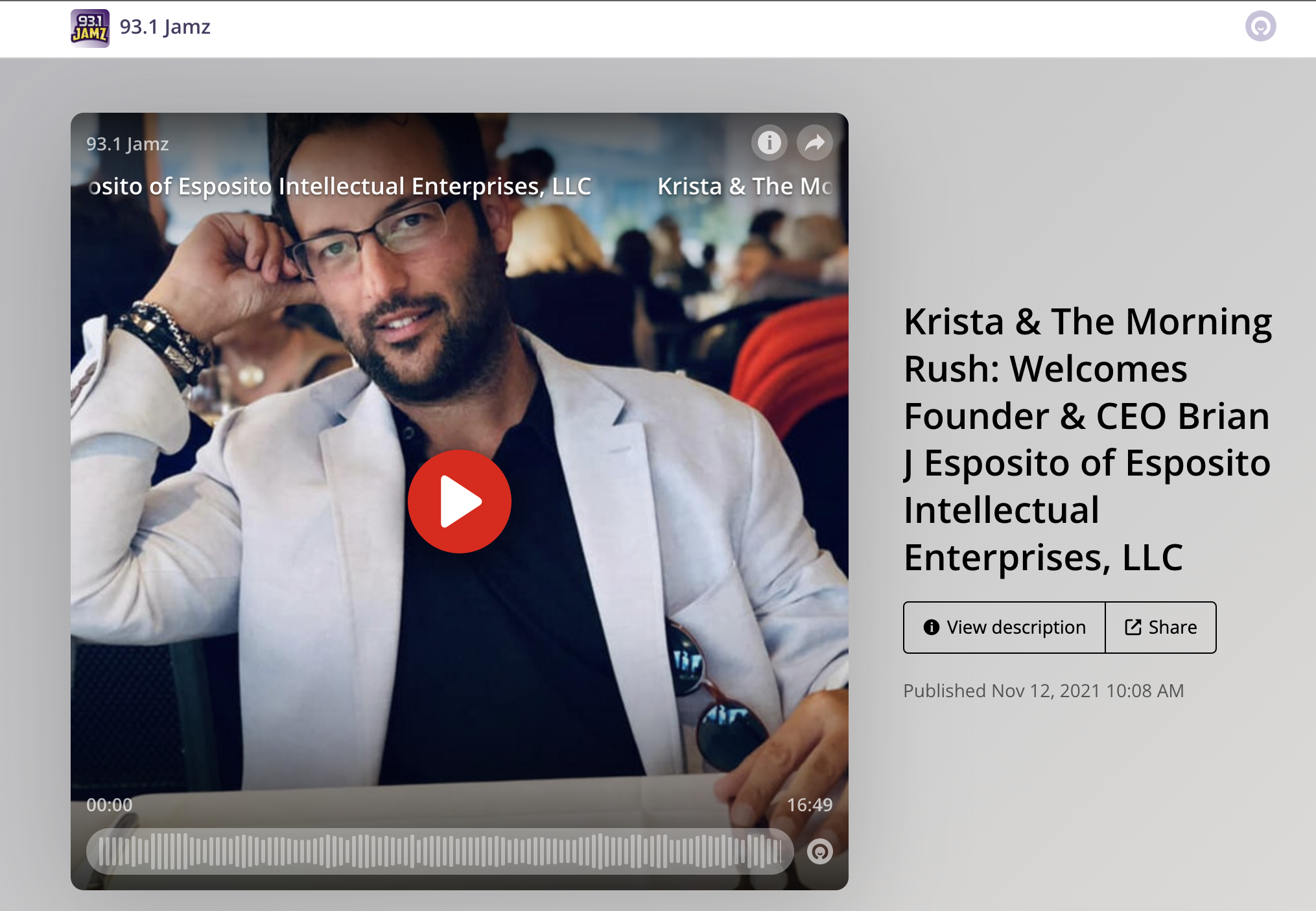 Krista & The Morning Rush Welcomes Founder & CEO Brian J Esposito of Esposito Intellectual Enterprises LLC